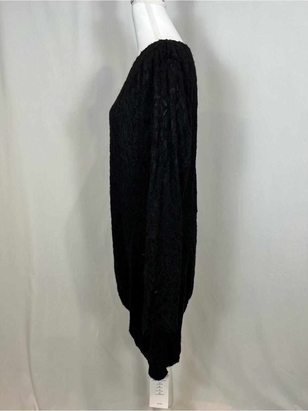 Long-Sleeve Black Lace Knit Dress with Side Ruched Tie - Picture 13 of 16